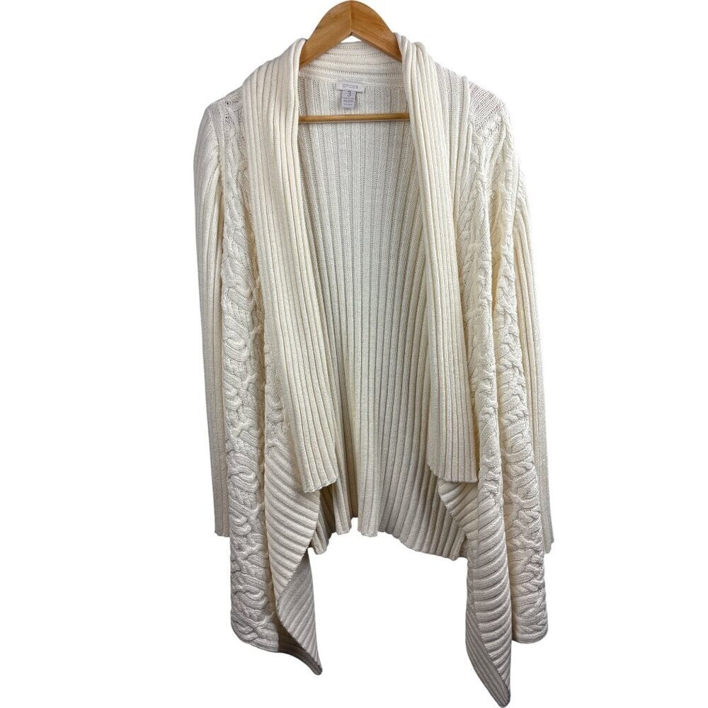 Chicos Womens Open Front Cardigan Sweater Size XL Ivory Ribbed Knit